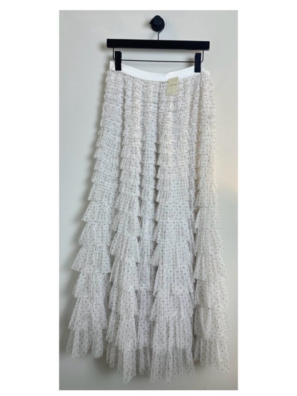 NWT Free People Cream ruffled Maxi Skirt mesh gold dots graduateing ruffles
